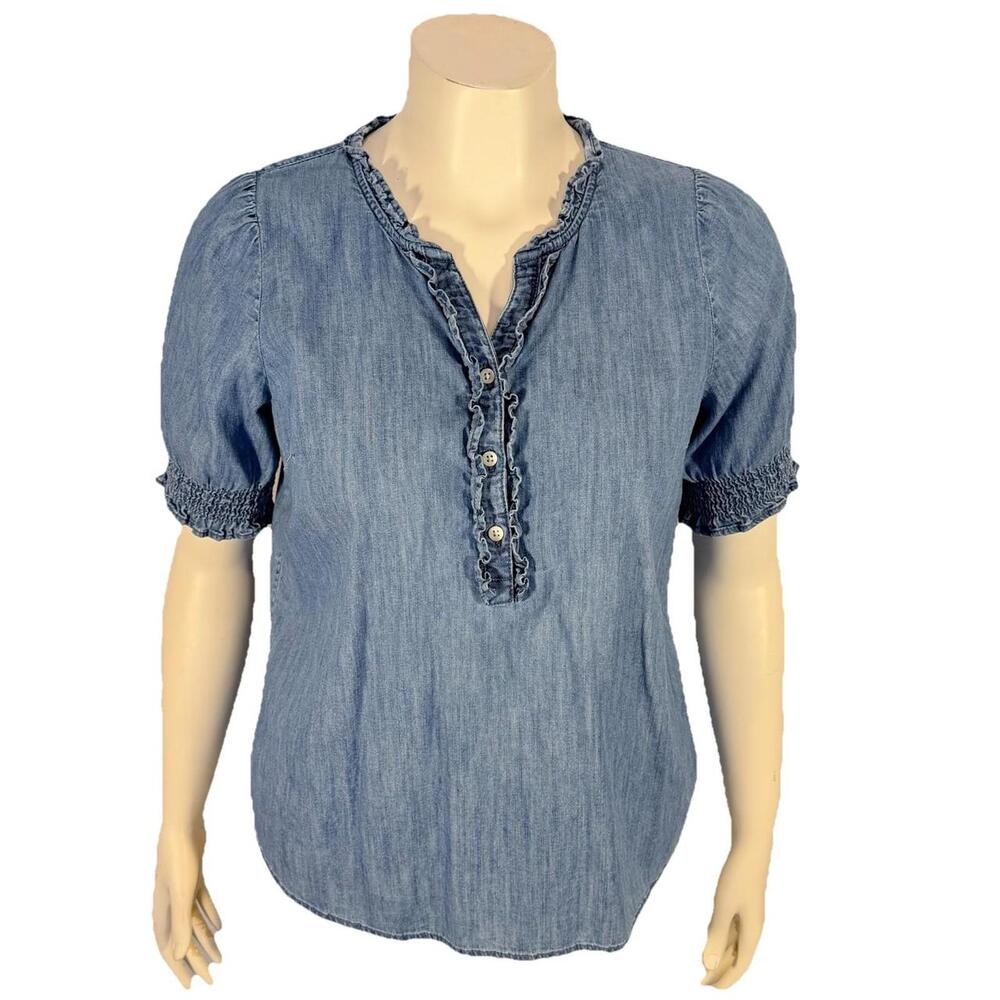 Talbots Blue Chambray Top Blouse Women's L Short Puff Sleeve Ruffled Henley Neck